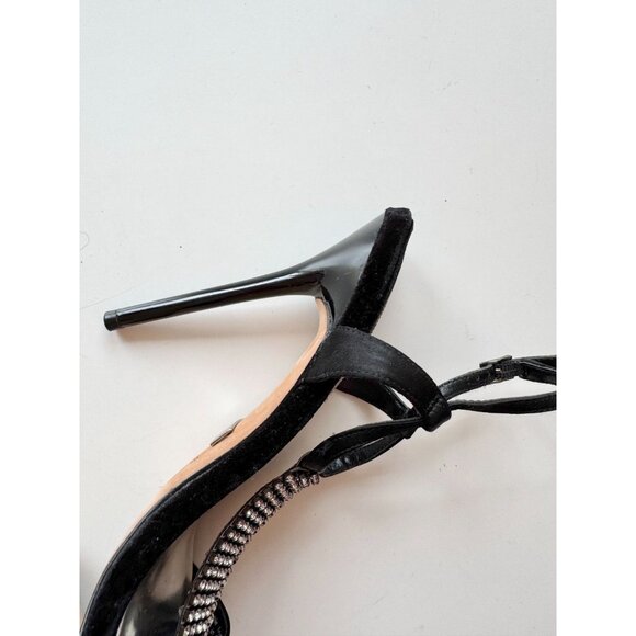 BADGLEY MISCHKA Java Black Satin Velvet Crystal TT-Stra Stiletto Heels, Size 7.5 - Picture 12 of 15